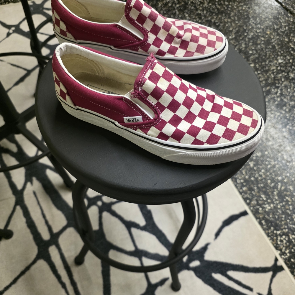 Vans Burgundy and White Checkered Slip-Ons